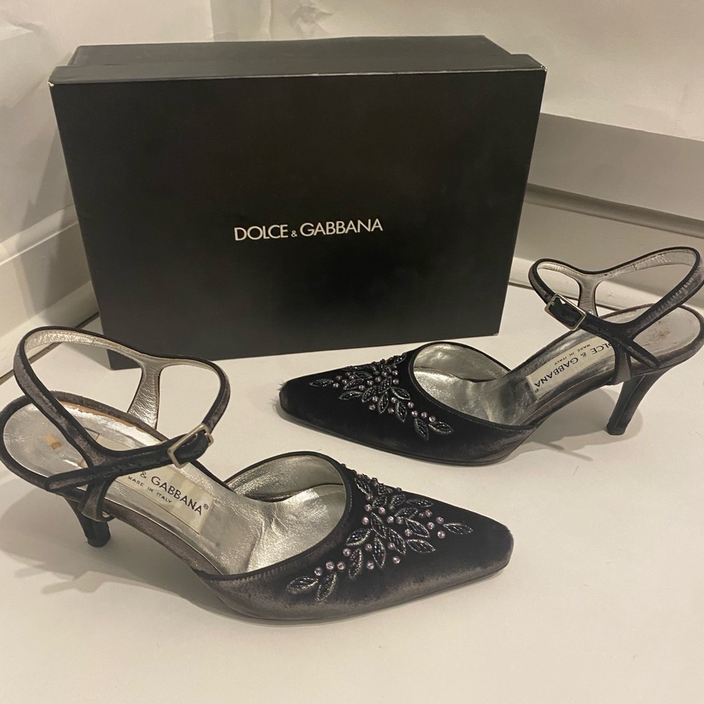 Dolce and Gabbana Vintage Beaded Velvet Slingbacks in Antracite Grey